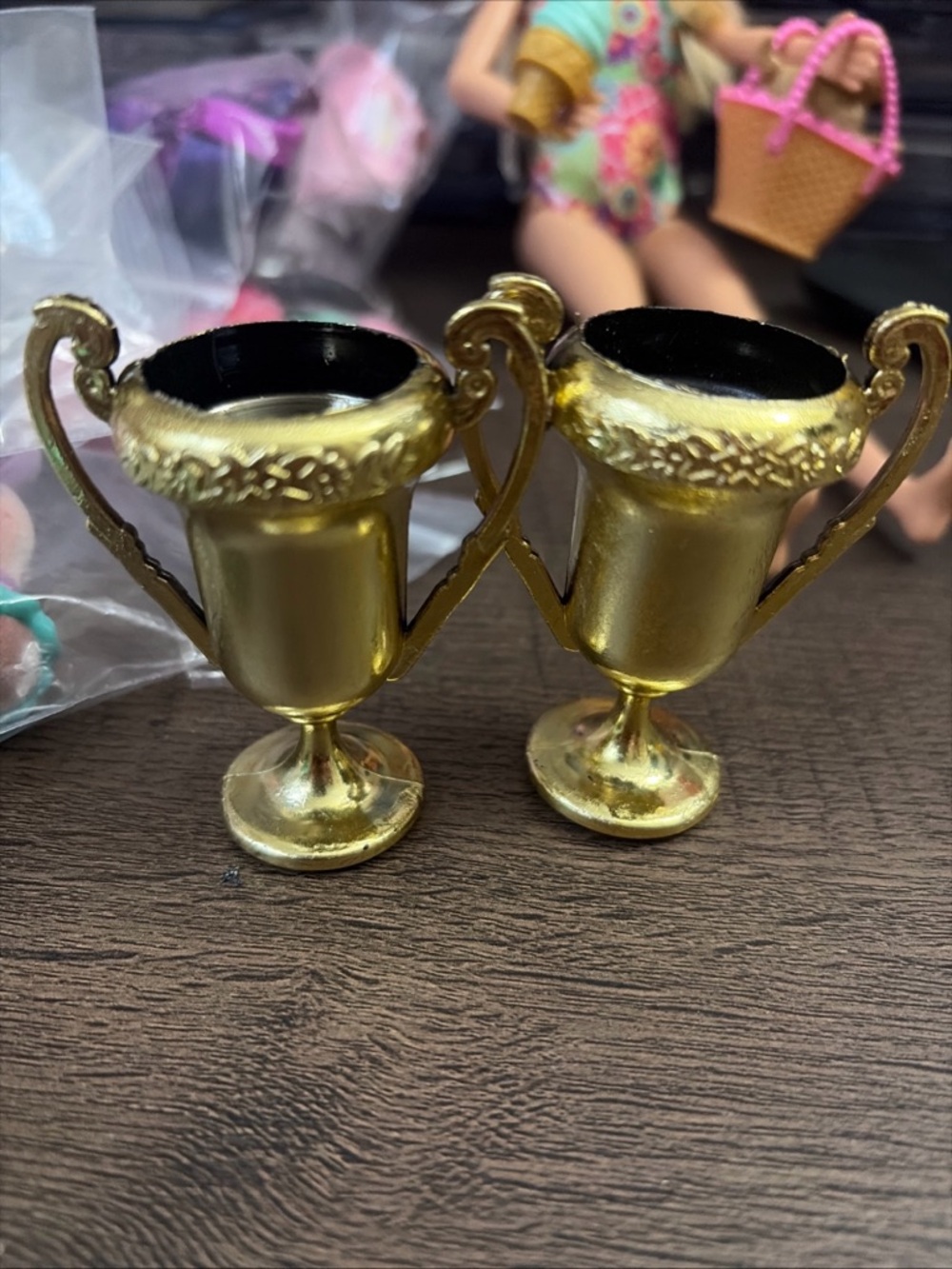 Two Dollhouse Miniature Trophy Cup in Gold, 2 1/2" Tall, Gold Tone, NOS